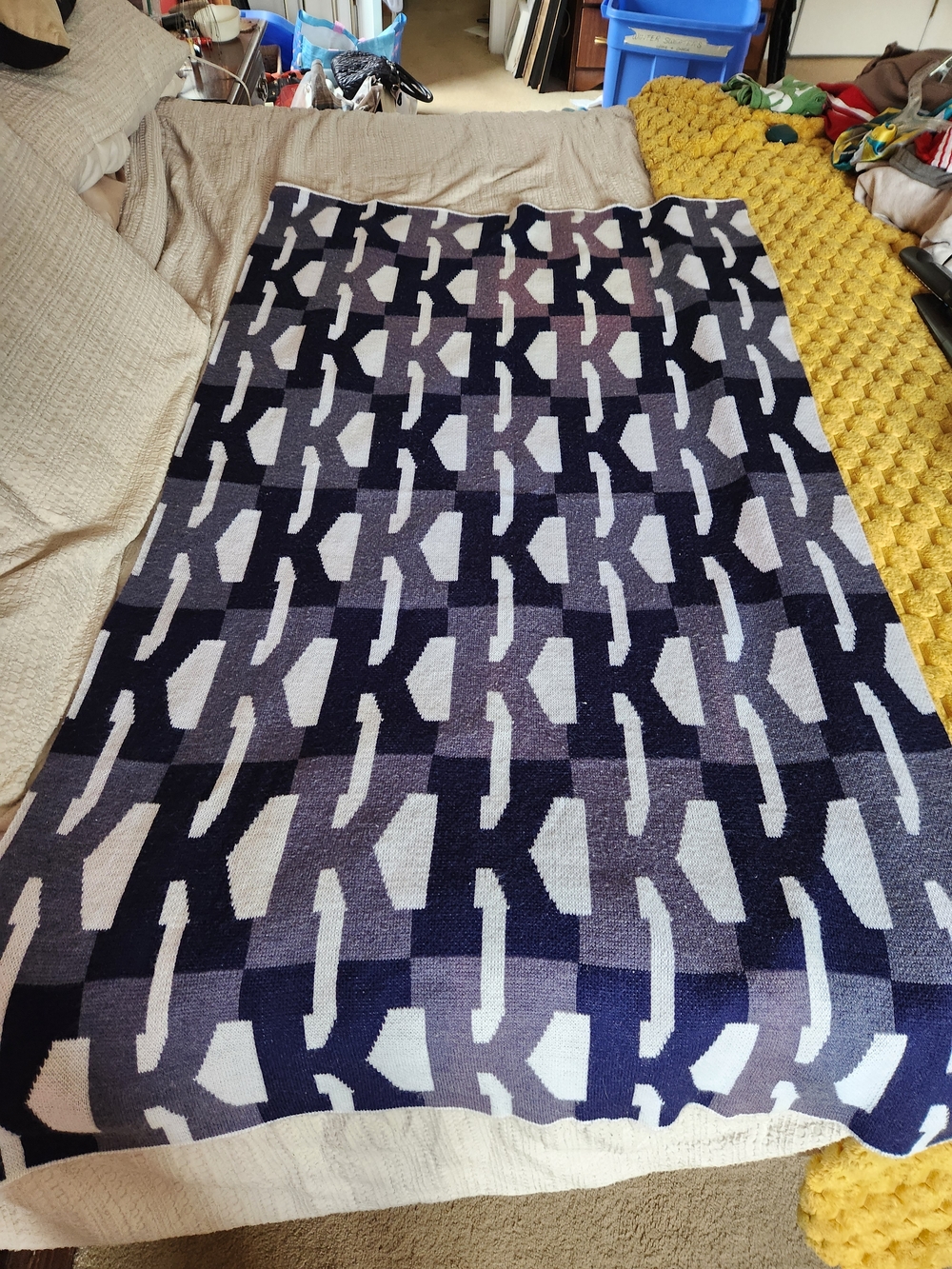 BaubleBar Navy and White Geometric "K" Soft Blanket 60x36